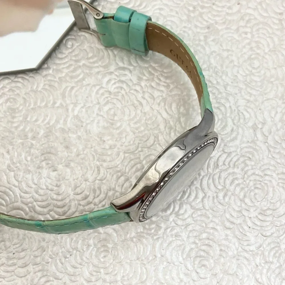 Guess Crystal Accented Bezel and Dial Large Face Watch with Leather Strap